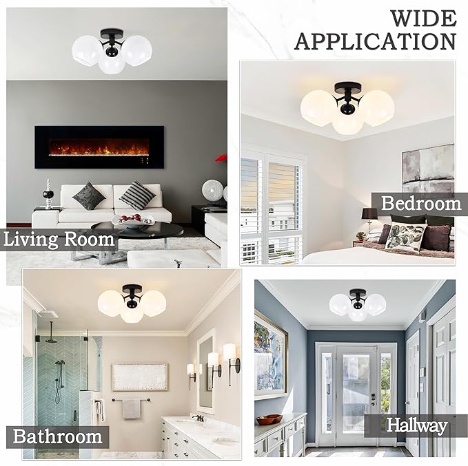 KoKo&Yukina 3-Light Mid Century Modern Black Semi Flush Mount Ceiling Light Globe Sputnik Chandelier Fixture Milk Glass Globe Ceiling Lights for Bedroom Living Room Hallway Entryway Foyer