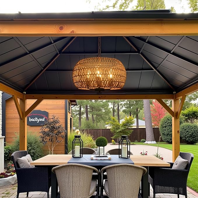 Outdoor Solar Chandelier, 4-Light 19" Rattan Outdoor Chandelier, Hanging Pendant Lights, Waterproof, for Gazebo, Pergola, Porch, Patio