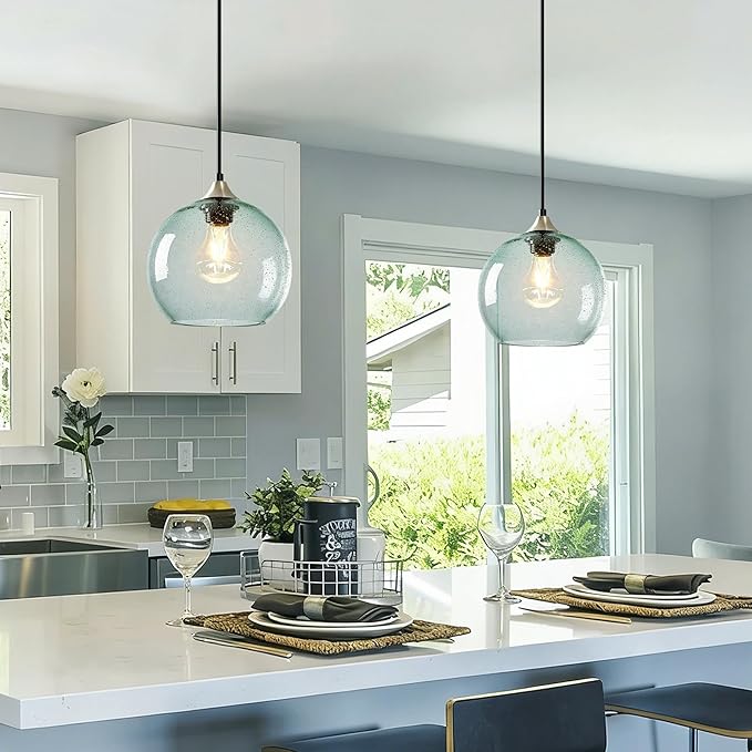 7.1in Medium Light Green Glass Pendant Light for Kitchen Island, 2-Pack with Extra LED Bulbs & 4.92ft Adjustable Cord | Modern Minimalist Lighting for Dining Room, Living Room, Entryway