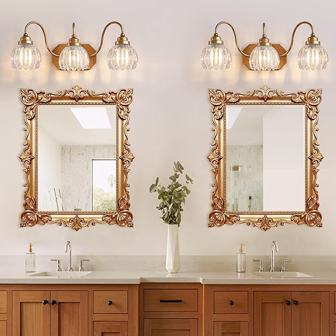 Gold Vanity Light, Vintage Bathroom Light Fixtures, 3-Light Matte Antique Brass Finish with Crystal Glass Shade, Mid Century Style Wall Sconces for Bedroom, Living Room
