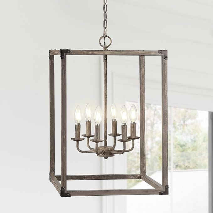 JONATHAN Y 16" Brown Rustic Farmhouse 6-Light LED Pendant, Adjustable Iron Lantern Chandelier for Kitchen Island, Barnwood Wood Grain Finish (JYL7476A)