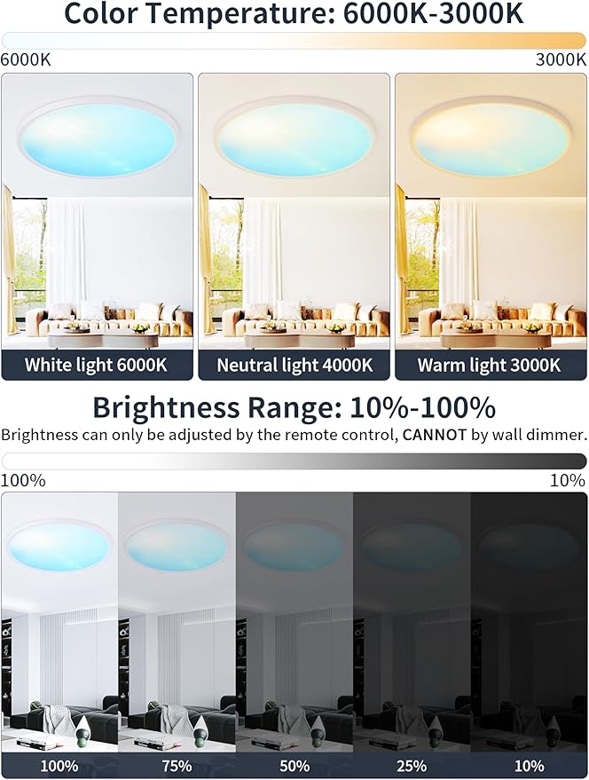 24 Inch Flush Mount Ceiling Light with Blue Sky Cover, Dimmable Ceiling Lamp with Remote, 54W LED Lighting Fixtures Sunlight Effect, Modern Slim Design for Classroom Bedroom Living Room, Round White
