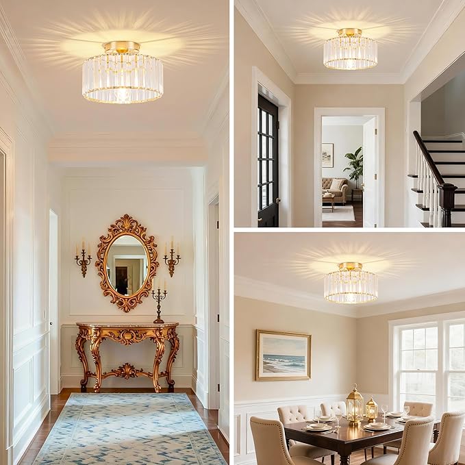 Mayful Modern Crystal Ceiling Light,Gold Seim Flush Mount Lighting Fixtures,Round Hallway Light Fixtures for Entryway Bedroom Kitchen Laundry Room,11 Inch
