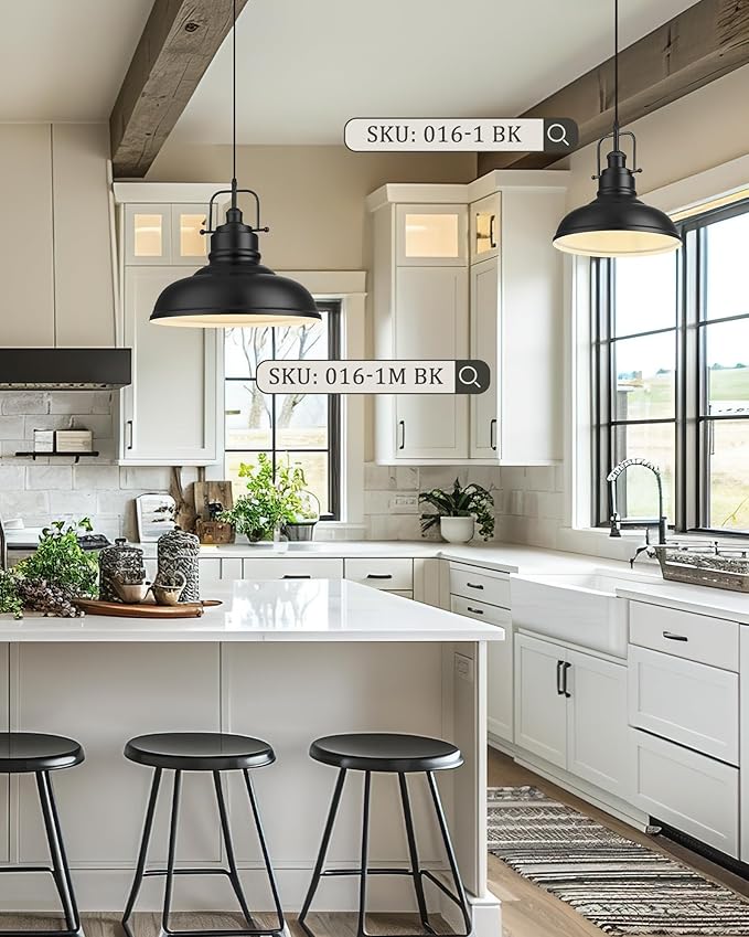 zeyu Black Pendant Lighting, 2 Pack Hanging Kitchen Lights, 1-Light Pendant Light with Metal Dome Shade, Matte Black Finish, 016-1M-2PK BK