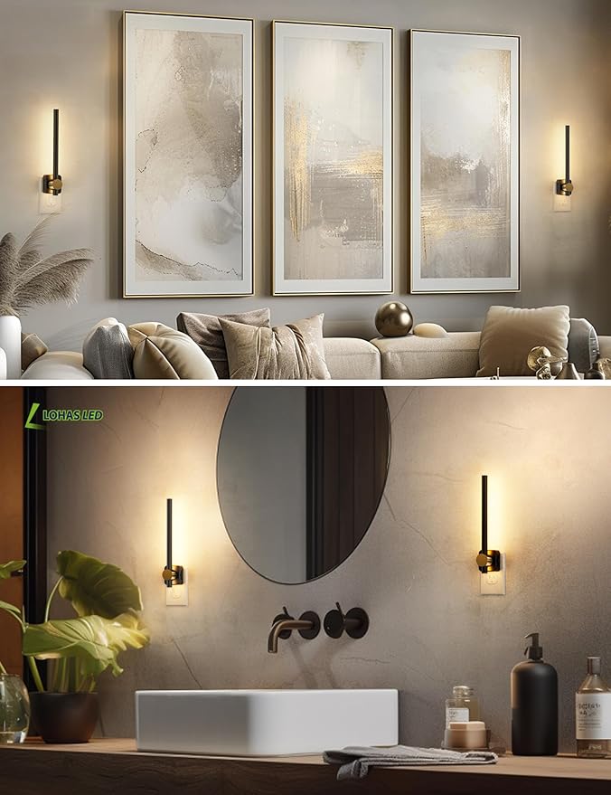 L LOHAS LED Night Light, Night Lights Plug into Wall, Dimmable Night Light 0-200LM, Nightlight Black and Gold Vanity Light Bar for Bathroom Bedroom, Soft White 3000K, Dusk to Dawn Sensor, 1Pack