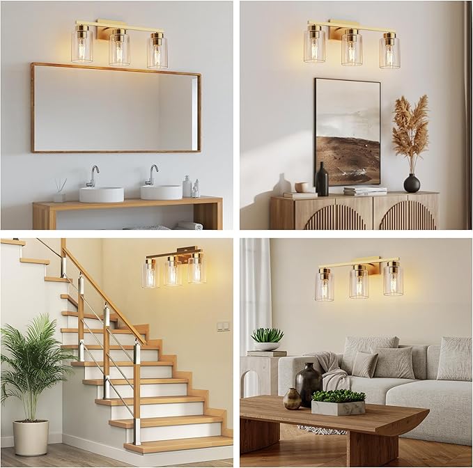 PARTPHONER 3-Light Bathroom Light Fixtures, Brushed Gold Vanity Light with Clear Glass Shade, Modern Wall Sconce for Mirror Bedroom Living Room Hallway Lighting