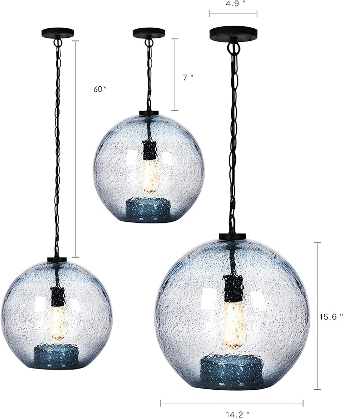 CASAMOTION Farmhouse Pendant Lighting Hand Blown Blue Glass Pendant Lights Kitchen Island Dining Room Table Entryway Black Ceiling Hanging Light Fixtures Large Globe Shade 15.6 Inch H