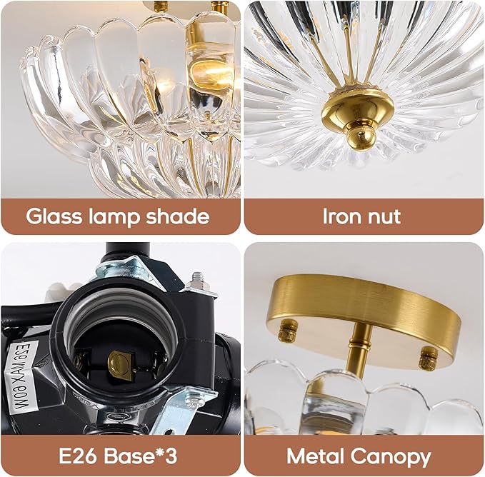 Gold Semi Flush Mount Ceiling Light, 12" Crystal Glass Vintage Light Fixture with E26 Base, 3-Light Modern Close to Ceiling Lamp for Bedroom Hallway Entryway Kitchen