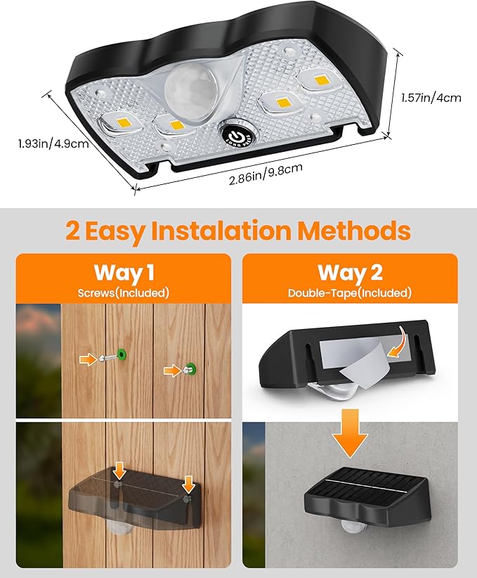 VOLISUN Fence Lights Solar Powered Motion Sensor 8 Pack, 160° Wide Angle 16.4FT Detection, IP65 Waterproof, 3 Modes (High/Low/Steady-On) Dusk to Dawn, 3000K Warm White Solar Fence Lights for Garden