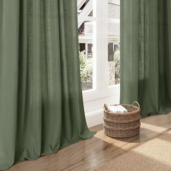 Nanspring Forest Green Linen Curtains 102 Inches Long for Living Room Light Filtering Semi Sheer Curtain Back Tab and Rod Pocket Wabi Sabi Boho Decor Drapes for Bedroom Office 52x102, 2 Panels