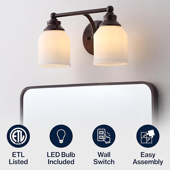 JONATHAN Y 14" Oil Rubbed Bronze/White Modern Farmhouse LED Vanity Light Wall Sconce Fixture, Frosted White Glass Shade, Dimmable Wall Lamp for Bathroom Mirror Kitchen Sink, UL Listed (JYL7550C)