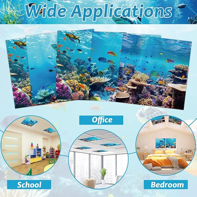 4 Pcs Fluorescent Light Covers with 32 Magnets Decorative for Classroom Ceiling Light 2 x 2 Feet Magnetic Light Covers Filter Easy Install for Office Hospitals & Home Drop Ceiling Supplies （Ocean）