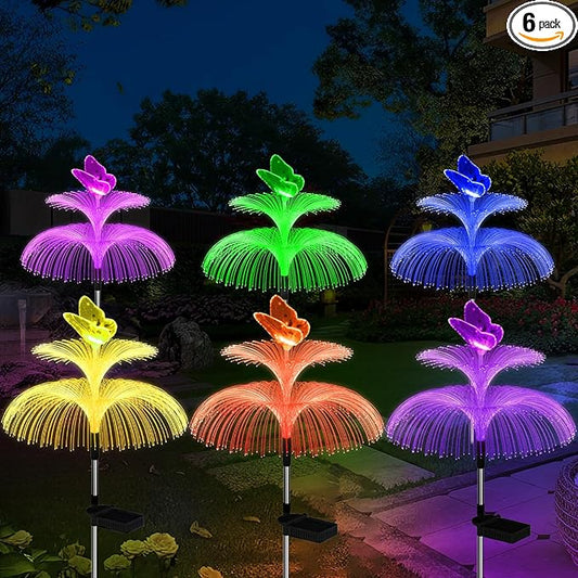 Weepong Solar Garden Lights Waterproof 6 Pack Solar Lights Outdoor Decorative 7 Color Changing Double Jellyfish and Butterfly Flower Yard Garden Decor Lawn Christmas Outside, Gifts for Mother's Women