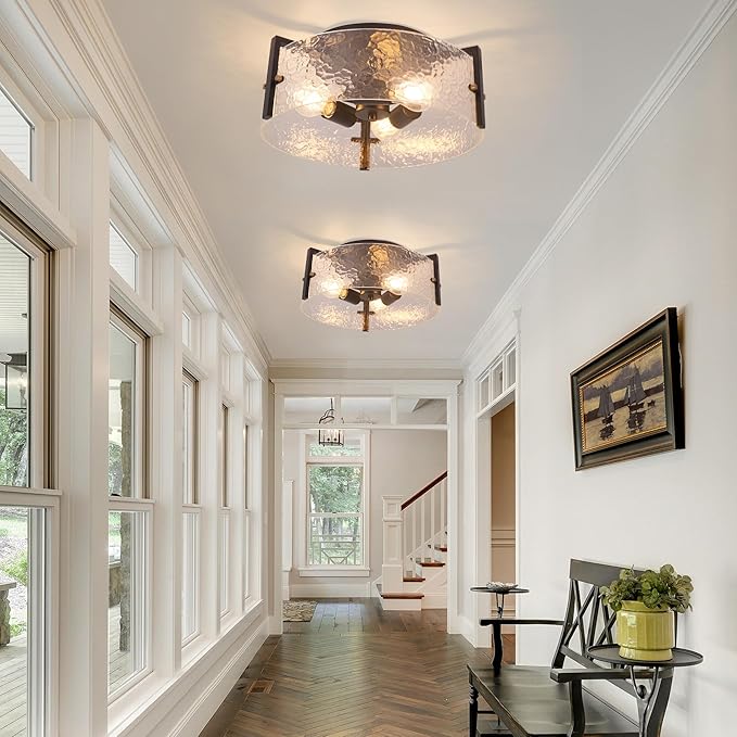 15'' Modern Black Semi Flush Mount Ceiling Light Fixtures, 3-Light Glass Ceiling Mount Light Fixtures, Close to Ceiling Light Fixtures for Kitchen Foyer Entryway Bedroom Hallway Laundry