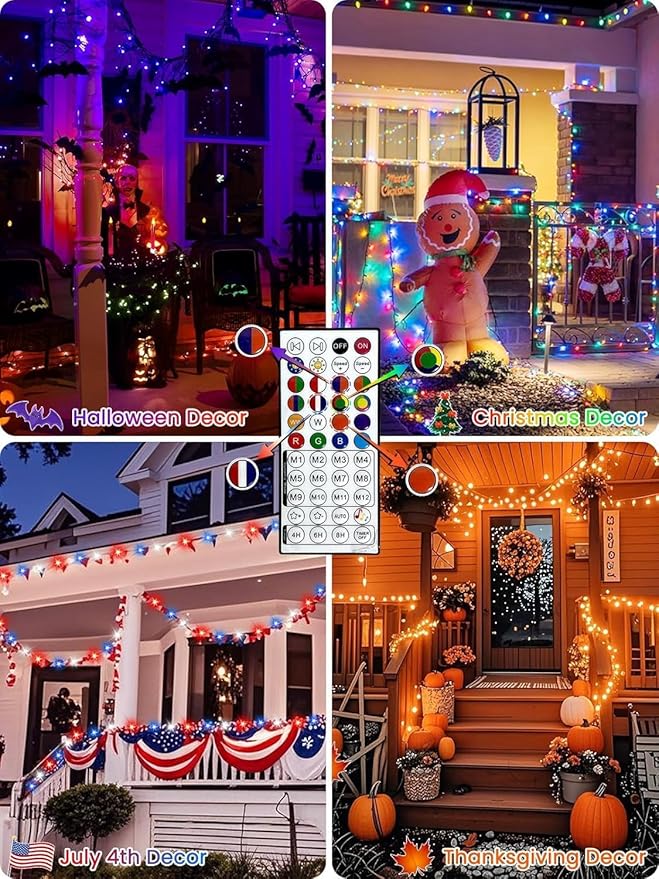 500LED Smart 4th of July String Lights App Controlled, 175FT Waterproof Red White and Blue Lights, Patriotic RGB Color Changing Twinkle Light with Remote & Timer Indoor Outdoor for Memorial Day Decor