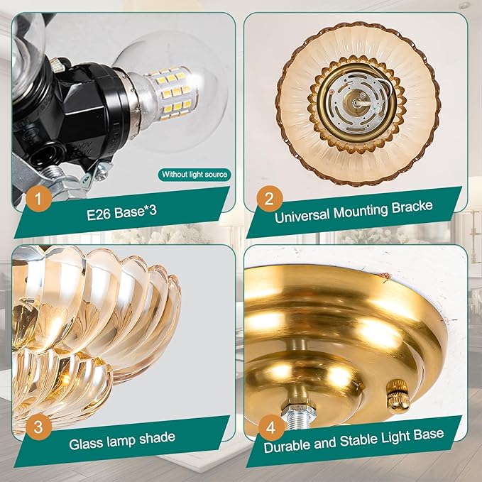Modern Semi Flush Mount Ceiling Light, Amber Glass Hallway Ceiling Light Fixture, E26 Vintage Gold Close to Ceiling Light Fixture for Kitchen, Living Room, Porch, Entryway