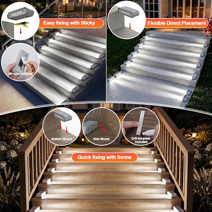 Solar Step Lights for Outside, 6-Pack Stair Light Outdoor Waterproof IP67, 14 LED Cool White Light Solar Powered Lighting for Steps, Stairs, Deck, Patio, Walkway, Front Porch Decor
