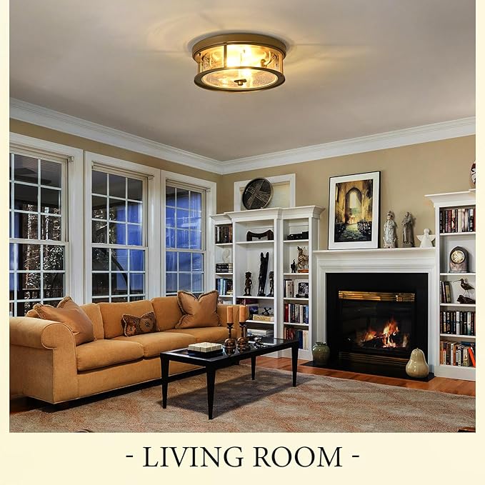 Gold Flush Mount Ceiling Light Fixture with Glass Brass Ceiling Light Fixture for Bedroom, Indoor Outdoor Ceiling Lights for Porch Hallway Kitchen