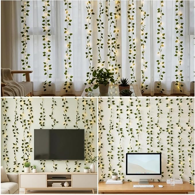 Bexdir 200 LED Vine Lights for Bedroom Decoration, 6.6x6.6ft Pre-assembled Hanging Fake Vines with Fairy Lights Plug in, Aesthetic Artificial Pothos Curtain Lights for Room Wall Decor, Remote Included