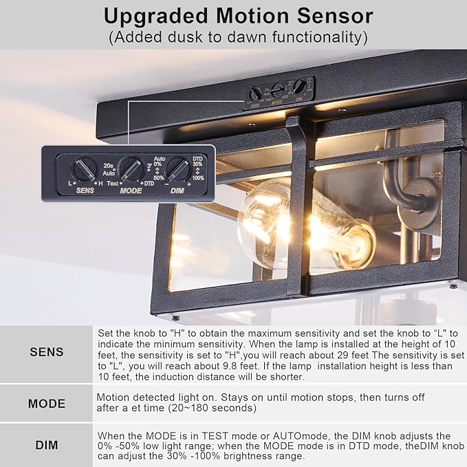 Motion Sensor Outdoor Flush Mount Ceiling Light, Industrial Glass Rustic Wood-Like Finish 2-Light Ceiling Lamp for Porch, Entryway, Garage, Timer and Sensitivity Adjustable (Black-Square)