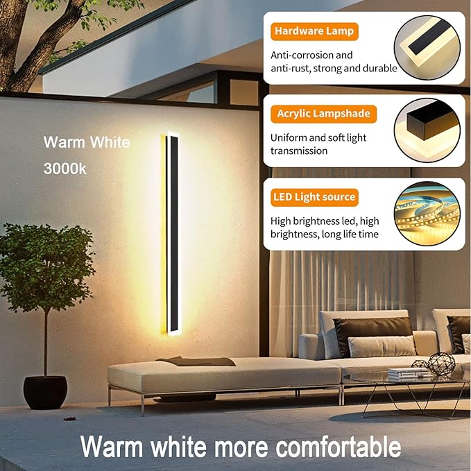 47.2inch-2Pack Long Outdoor Modern LED Wall Light,38W Waterproof IP65 Warm White 110V led Wall Mount Lighting Fixture Rectangular Black Wall Lights Elegant Frosted White Acrylic Anti Rust