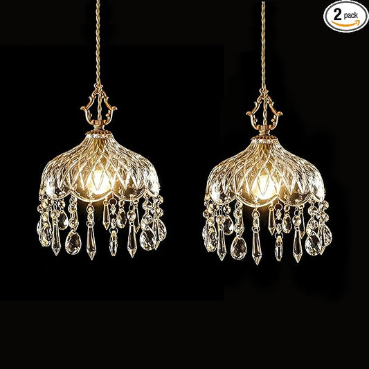 Vintage Crystal Small Pendant Lights Kitchen Island, Adjustable Cord Length 0.5" to 70", Dia7.87 Glass Shade Light Fixture,Brass Hanging Light, Chandelier for Bedroom (2-Pack，Hard-Wired