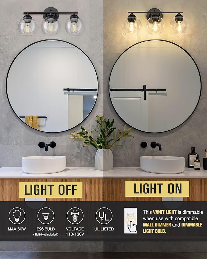Emak 3-Light Vanity Lights for Bathroom, Black Light Fixtures Over Mirror, Globe Vanity Light with Clear Glass Shade, VL114-BKL-3