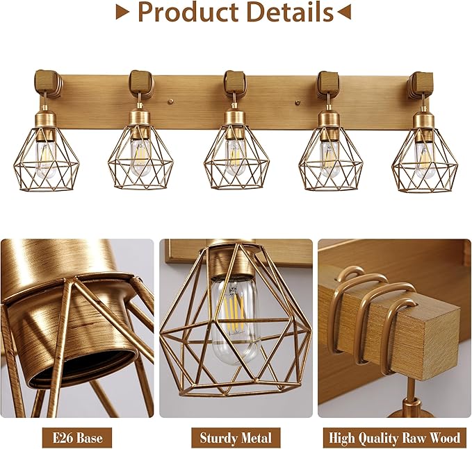 Farmhouse Bathroom Light Fixtures, 5-Light Gold Bathroom Vanity Light, Rustic Matte Antique Brass Finish with Metal Lampshade, Wall Sconces for Bedroom, Living Room, Hallway