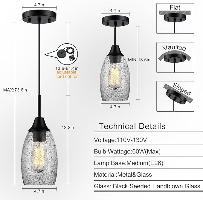Viinew Black Seeded Glass Pendant Lamp Shade 4.72" Art Glass Chandeliers Cover Mini Oval Light Shade Replacement Shade Only Light Fixtures for Kitchen Island Pendant Light 1-Pack