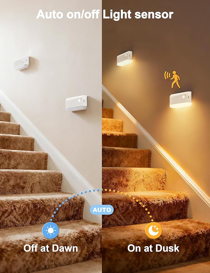 NIORSUN Motion Sensor Stair Lights Indoor, 6 Pack Rechargeable Wireless Step Lights with 3 Color Temperatures, 1200mAh Battery, Magnetic Base for Hallway, Closet, Bathroom, White