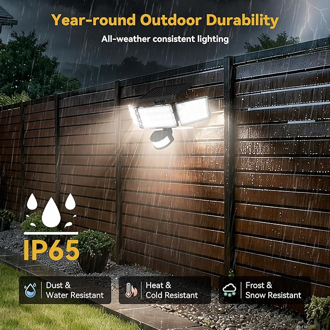 Solar Lights Outdoor, 3500LM 168 LED Motion Sensor Solar Flood Lights, 3 Heads 300° Wide Angle, 3 Modes IP65 Waterproof Solar Security Lights for Yard Garden Patio, 2 Pack (Black)
