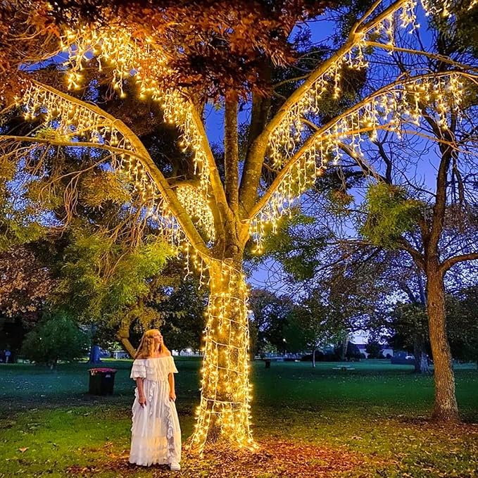 132ft Icicle Lights for Outside - 1280 LED Warm White Twinkle Lights with 240 Drops, 8 Modes Plug in Waterproof Timer Memory. Cannot be Extended. The Plug is in the Middle (66ft+66ft)