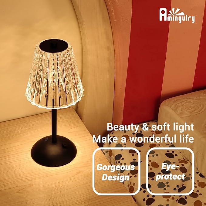 Cordless Table Lamp, 4000mAh Rechargeable Battery Operated Lamp, 3 Color Modes & Stepless Dimmable LED Touch Lamp, Portable Crystal Metal Beside Lamps for Bedroom Restaurant Outdoor(Black)