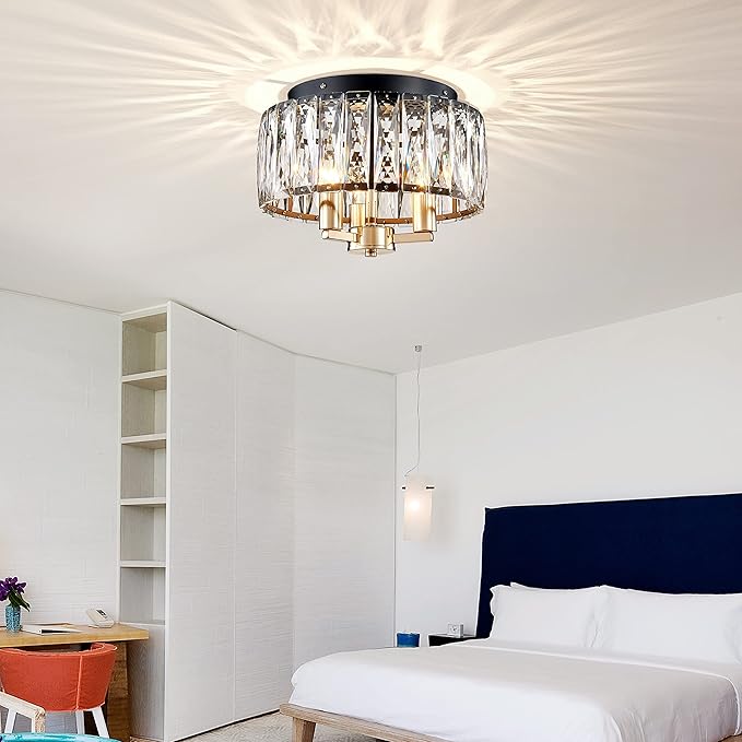 AGV LIGHTING CL002BB Crystal Flush Mount Ceiling Light Fixture, E12 Base 3-Lights, D13 x H15, Shine Gold & Matte Black Finish