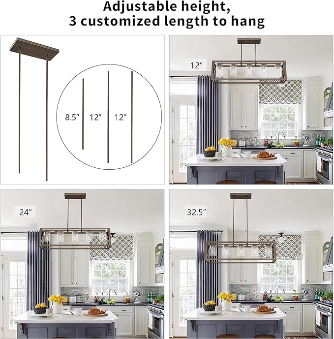 Espird Upgraded Burlywood Dining Room Light Fixture - 5 Light Rectangle Light Fixtures with Clear Glass Shade& Adjustable Height& Thickened Metal Dining Table Lights Fixture Chandeliers for DiningRoom