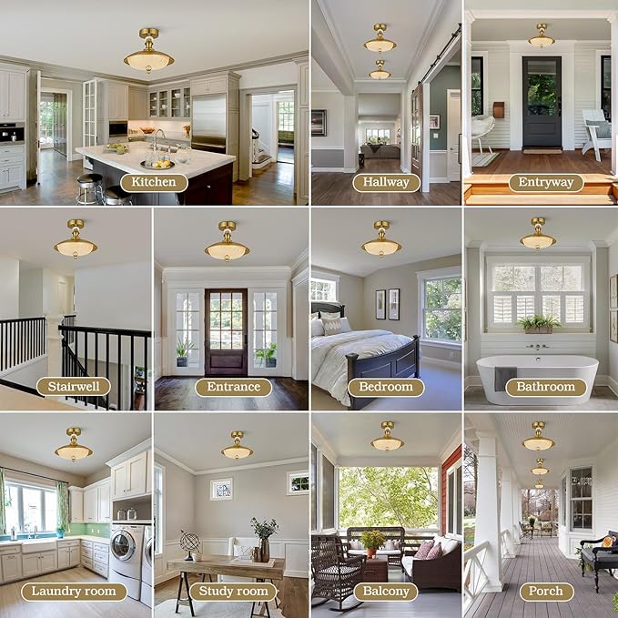 Vintage Semi Flush Mount Ceiling Light, Gold 12 Inch K9 Crystal Glass Shade, Brushed Copper Finish, 5-Light Flush Mount Lamp Mid Century Industrial for Bedroom Foyer Hallway Dining Kitchen Entryway
