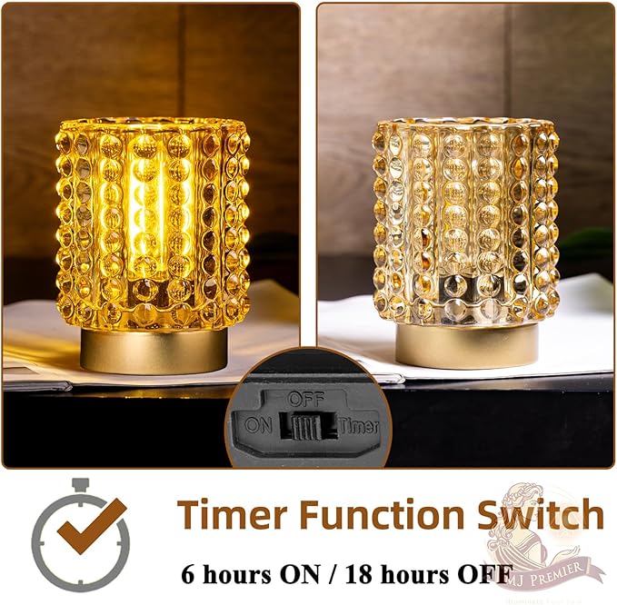 Battery Operated Lamp with Timer, Mini Crystal Table Lamps for Home Decor, Small Cordless Lamp for Areas No Outlets, Glass Battery Powered Lamps for Entryway, Bedroom, Bathroom, Shelf (2 Yellow)