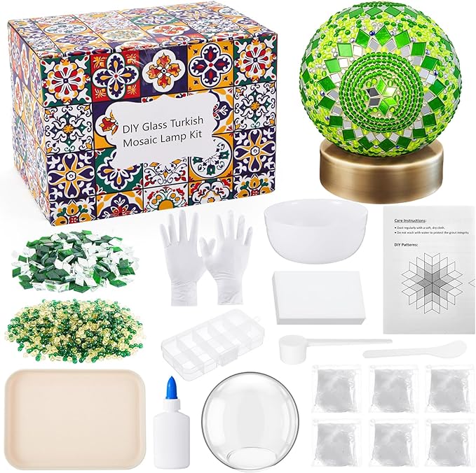 Baquler Turkish Mosaic Lamp Kit DIY Stained Glass Decorative Table Bedside Night Light Tabletop Bohemian Moroccan Lamp Craft Kit for Living Room Decorations(Green)