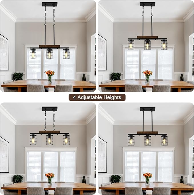 24" Farmhouse Kitchen Light Fixture, Black Hanging Kitchen Chandelier, 3-Light Rustic Dining Room Light Adjustable Height with Wood and Metal Frame, Suit for Farmhouse, Industrial Style
