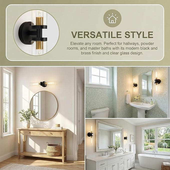 Black and Gold Wall Sconces Set of 2, Hardwired Bathroom Light Fixtures, Modern Bathroom Vanity Wall Lighting with Clear Glass Shade, Farmhouse Wall Sconce for Mirror Bedroom Hallway, E26 Base