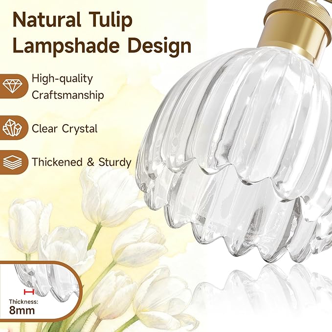 4 Light 27.2 in Bathroom Vanity Light,Rustic Brass Bathroom Lighting Fixtures Over Mirror, Vintage Vanity Mirror Lights Clear Tulip Glass Wall Sconce for Living Room,Bedroom,Hallway,E26 Base