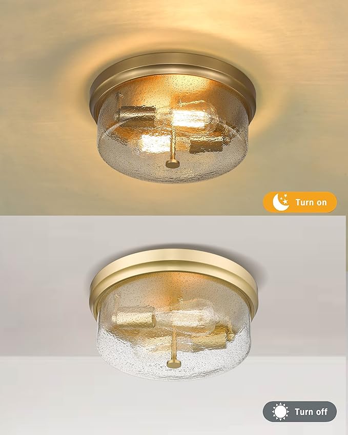 CALDION Gold Close to Ceiling Light Fixtures, 12 inch Flush Mount Hallway Light Fixture Gold Finish with Seeded Glass Shade Bedroom Ceiling Lights for Dining Room Kitchen Laundry Bathroom