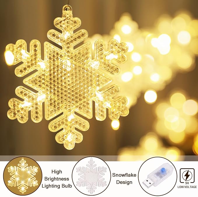 BLOOMWIN Christmas Window Lights Indoor - 2M 160 LED Christmas Window Decorations, Snowflake Curtain Hanging Fairy String Icicle Lights for Xmas Noel Bedroom Holiday Home Outdoor, Warm White USB