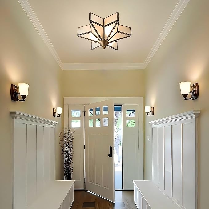 LIGHTLAND 11.8 Inch Flush Mount Star Ceiling Light, 3 Lights Brass Ceiling Lamp with Glass Lampshade, Art Deco Close to Ceiling Light Fixtures for Entryway Hallway Porch, Bronze Color