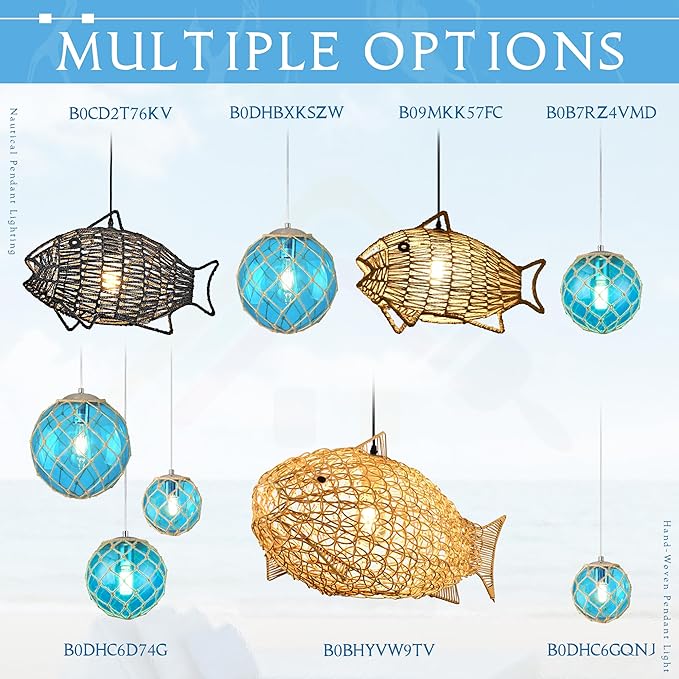 10" Blue Coastal Pendant Light Kitchen Island,Glass Globe Ocean Ceiling Light Fixture Beach House,Dimmable Hemp Rope Light Fixture Hanging For Bathroom Living Room Farmhouse Entry Bedroom(Bulb Incl.