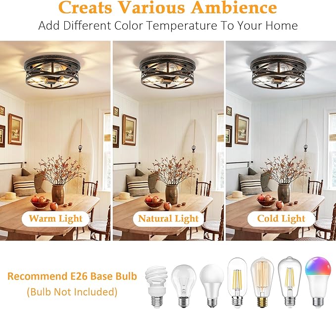 3-Light Flush Mount Ceiling Light Fixture, Farmhouse Ceiling Lights for Kitchen, Modern Black Close to Ceiling Light for Hallway Bedroom Balcony Porch Stairway, E26 (Oil Rubbed Bronze, 1 Pack)
