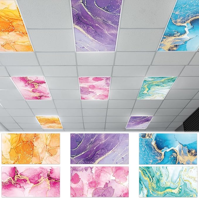 6 Pcs Fluorescent Light Covers with 60 Magnets Decorative for Classroom Ceiling Lights 4 x 2 Feet Magnetic Light Covers Filter Easy Install for Office Hospital & Home Drop Ceiling Supplies (Fluid Art)