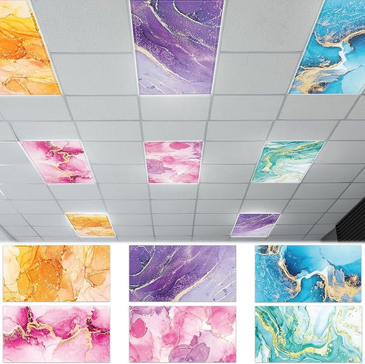 6 Pcs Fluorescent Light Covers with 60 Magnets Decorative for Classroom Ceiling Lights 4 x 2 Feet Magnetic Light Covers Filter Easy Install for Office Hospital & Home Drop Ceiling Supplies (Fluid Art)
