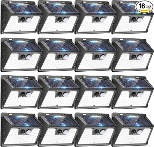 Peasur Solar Powered Lights Outdoor, 140LED 16Pack Motion Sensor Light Outside, IP65 Waterproof Fence Security Lighting with 3 Modes for Yard Wall Garden Cool White