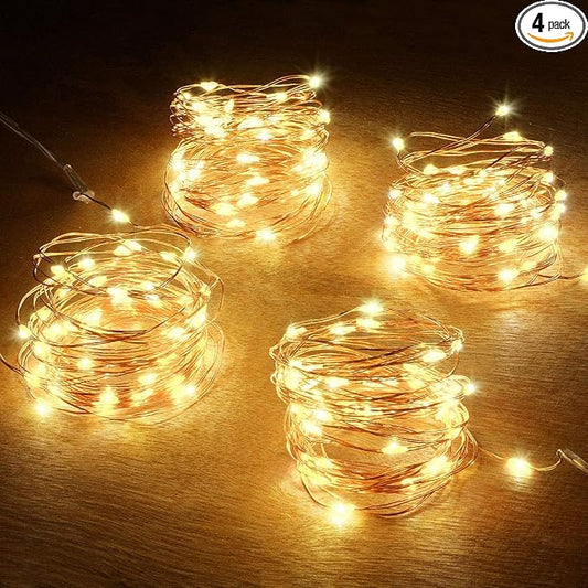 4 Pack 50 LED Warm White Battery-Powered Mini Christmas Fairy Lights, 16.4 FT Flexible Copper Wire, Indoor/Outdoor, LED, Battery Operated